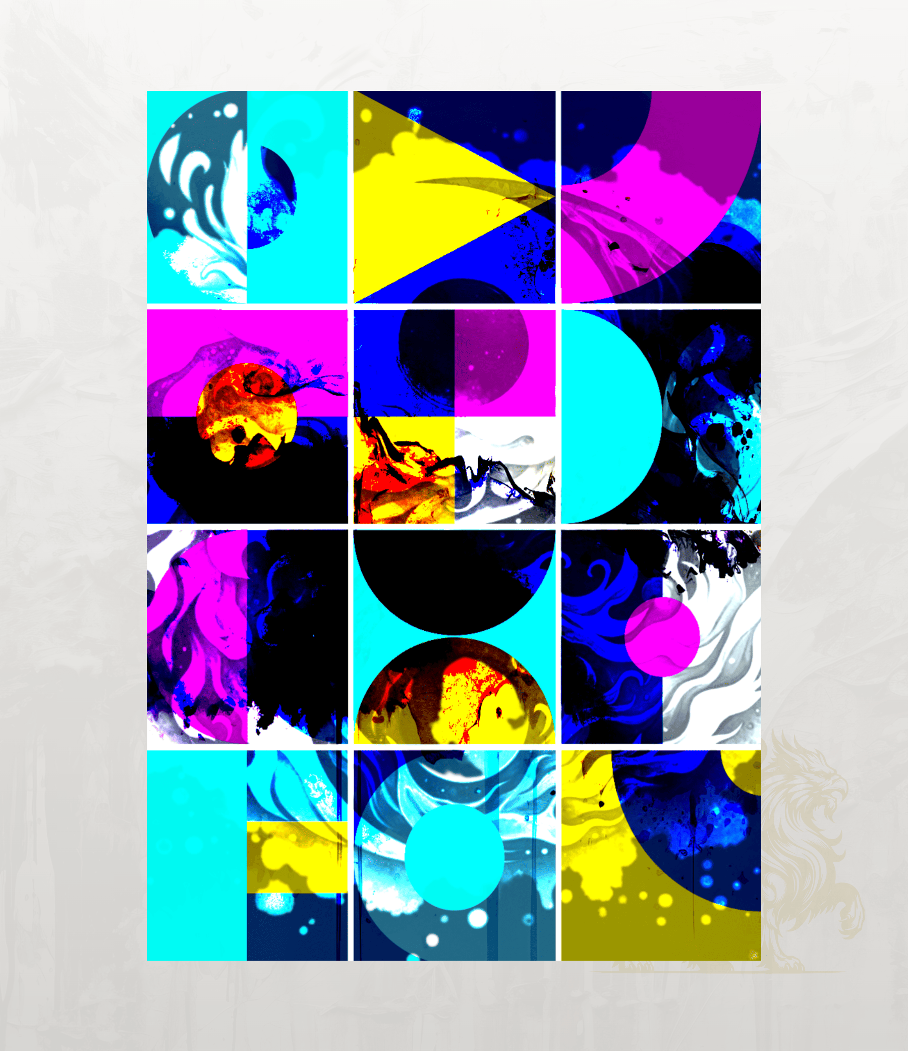 A square abstract art print featuring a 4x4 grid of vibrant, colourful panels with geometric shapes, splatters, and fluid patterns in cyan, magenta, yellow, blue, black, and white, displayed against a light textured background.