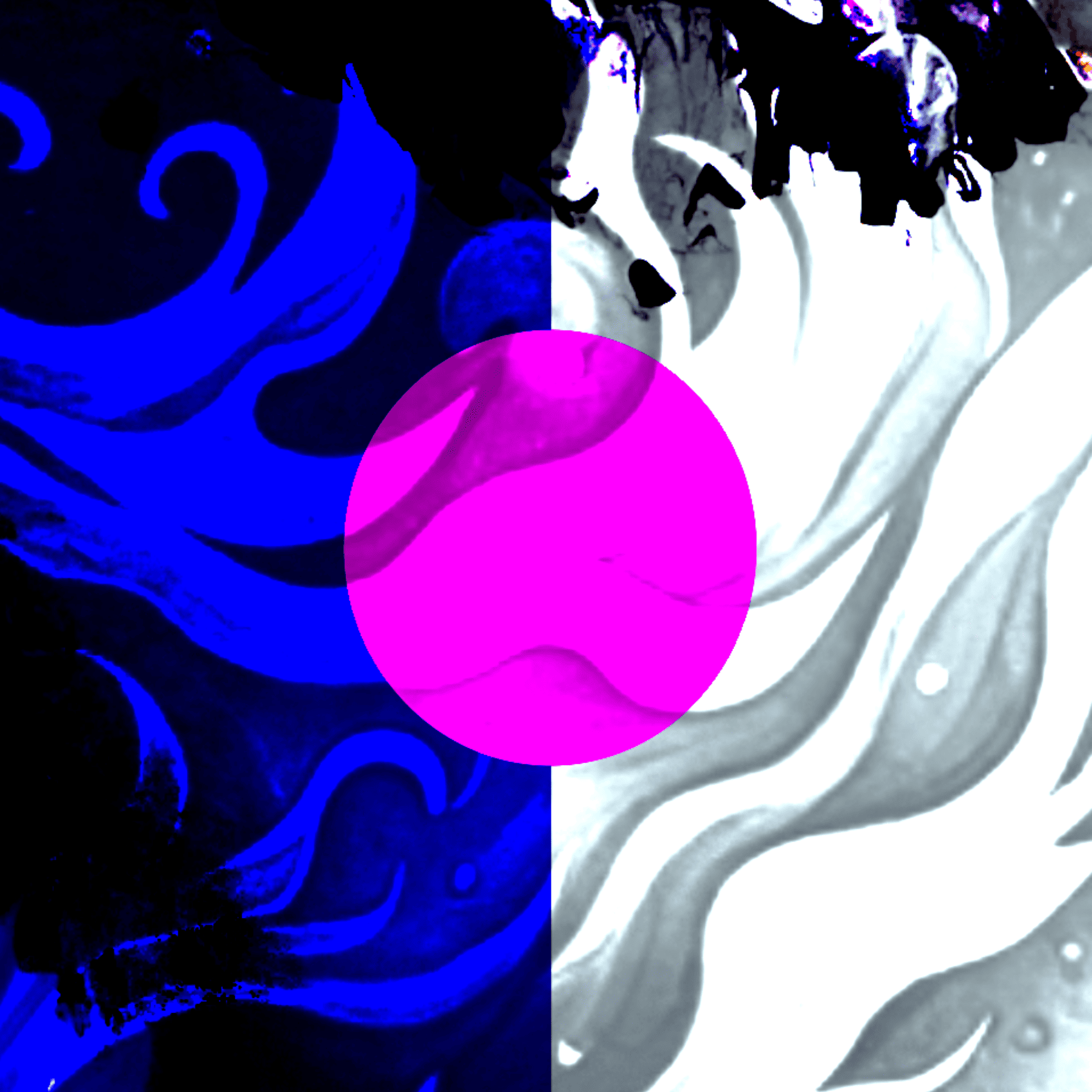 Pink circle on a blue and white background with ghosted water effects