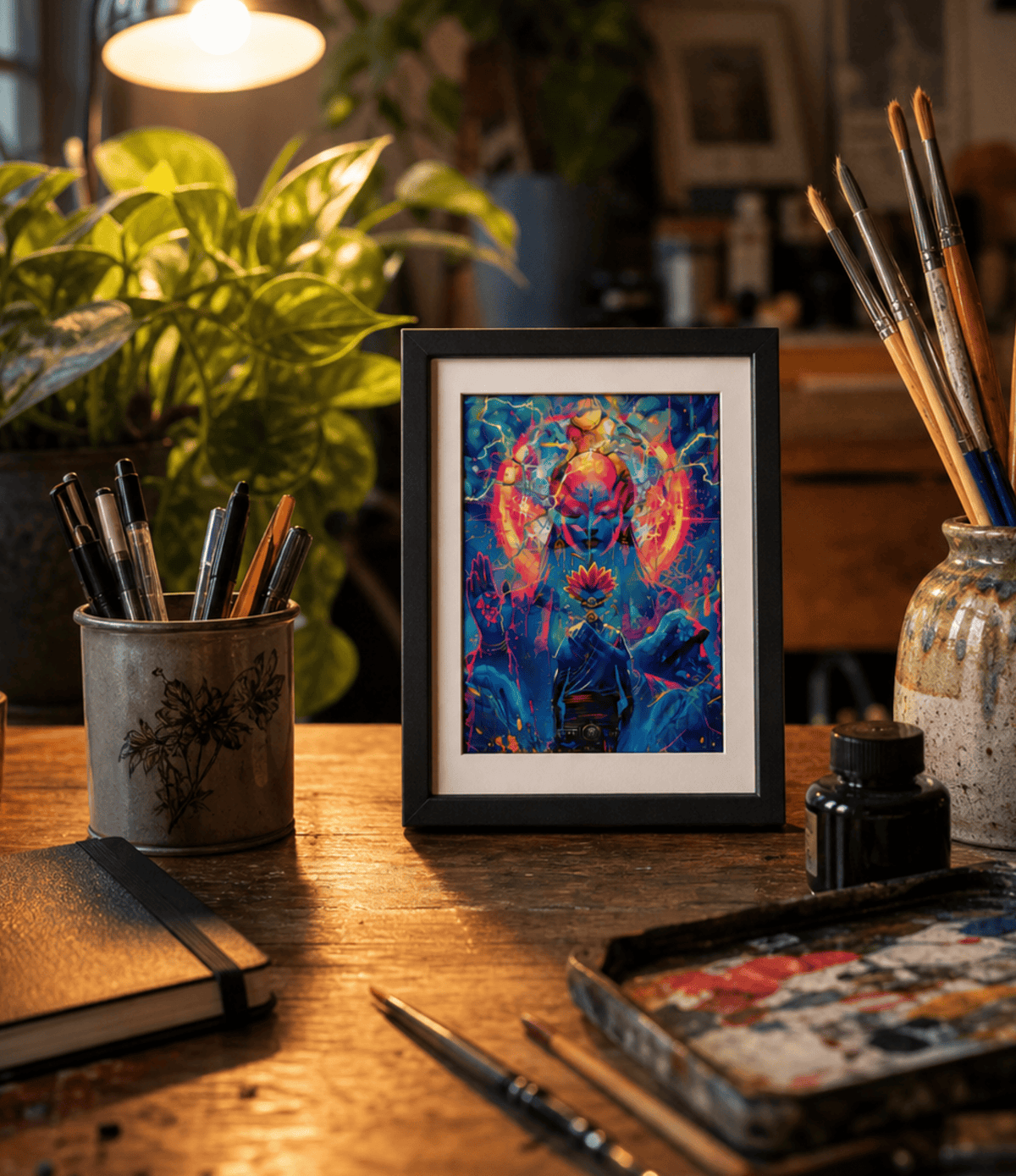 A framed colourful fantasy art print featuring a glowing blue and pink figure, displayed on a wooden desk surrounded by art supplies, plants, and a lamp.