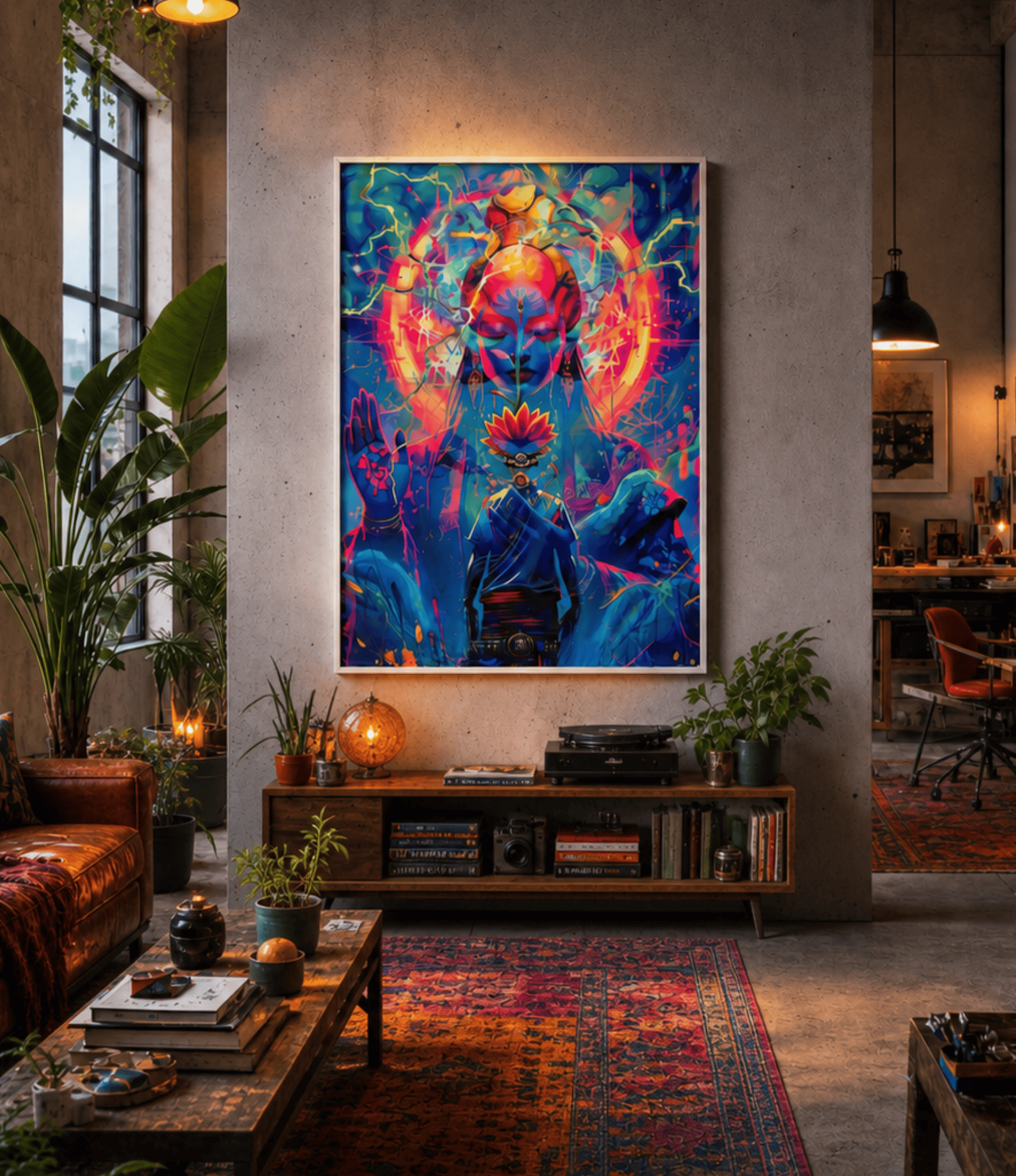 A large framed vertical canvas print featuring a vibrant, psychedelic digital illustration of a figure with a glowing orange crown, displayed on a concrete wall in a modern, stylishly decorated living room.