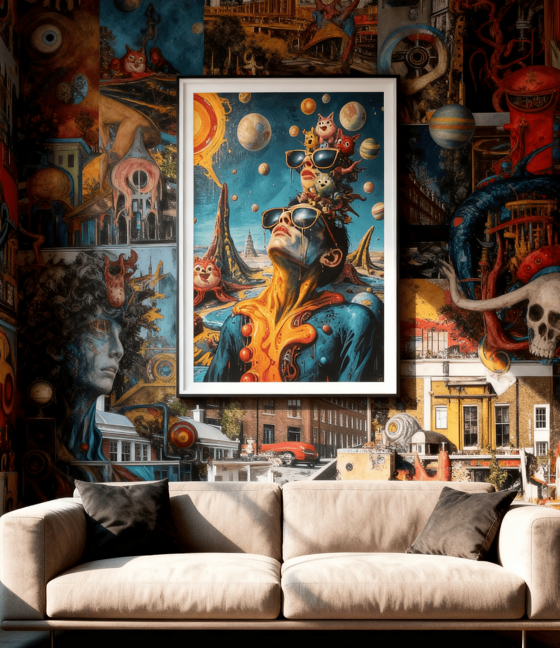 A framed surreal art print featuring a cosmic figure with planets and stars, displayed on a wall above a beige sofa in a room with a matching collage-style wallpaper.