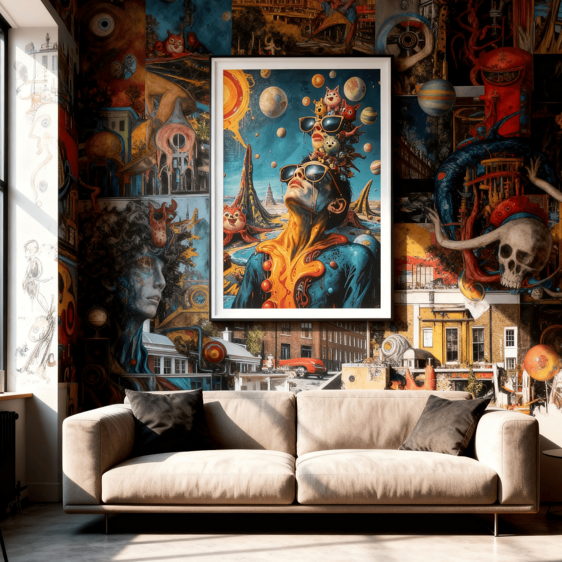 Colourful abstract painting on a wall above a sofa in a room with artistic decor.