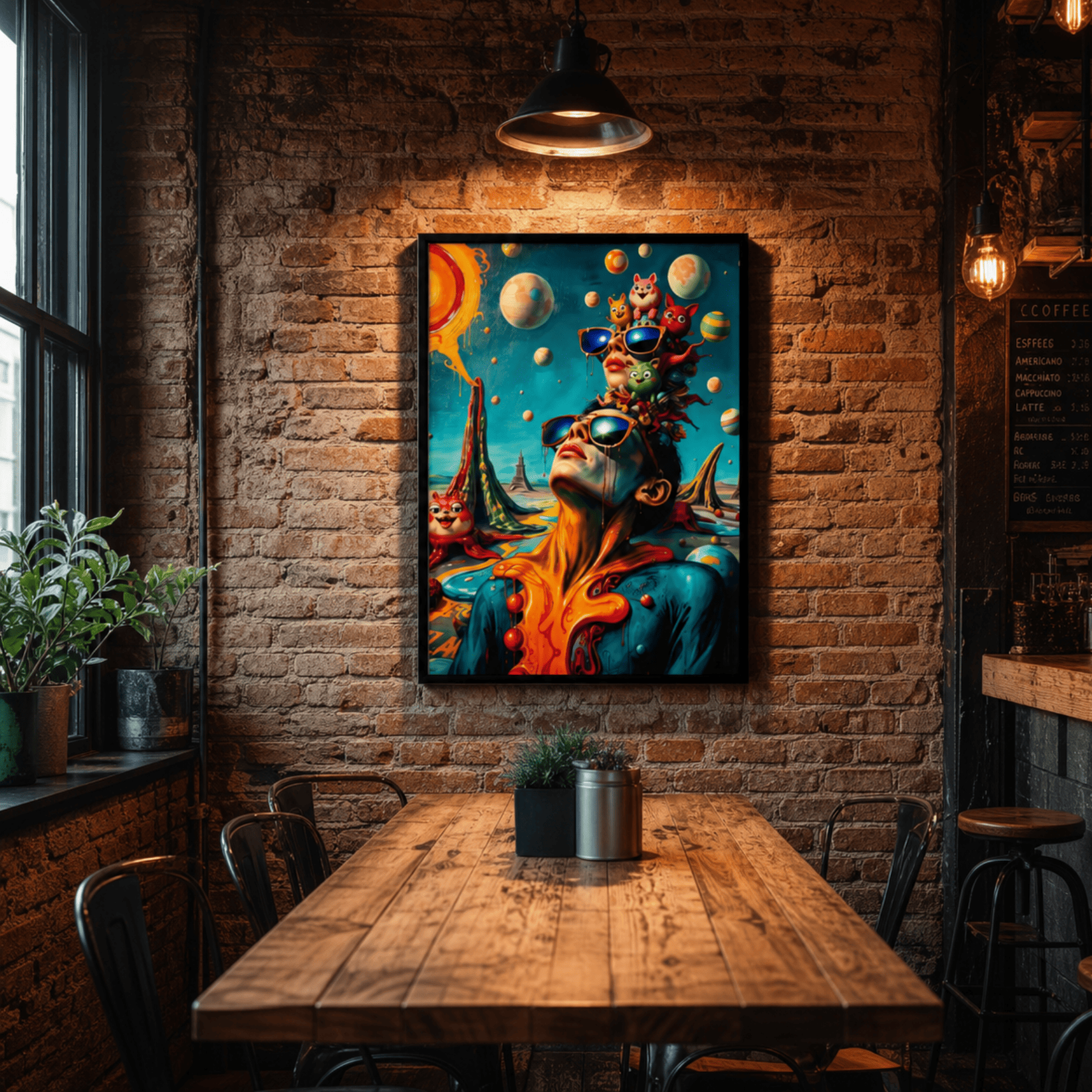 Colourful abstract painting on a brick wall above a wooden table in a cozy restaurant setting.