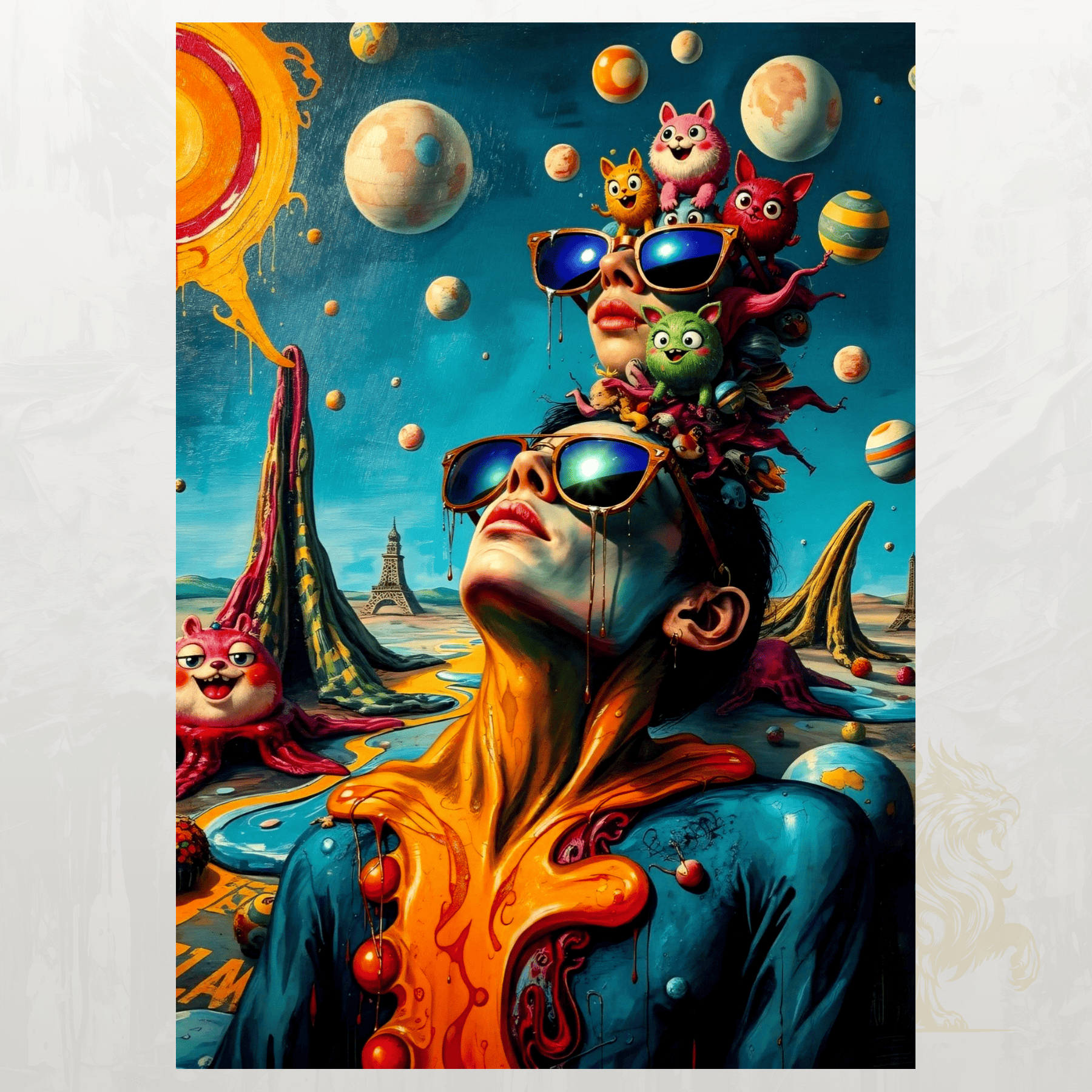 Colorful and surreal artwork with a person wearing sunglasses, surrounded by cartoonish animals and celestial elements.