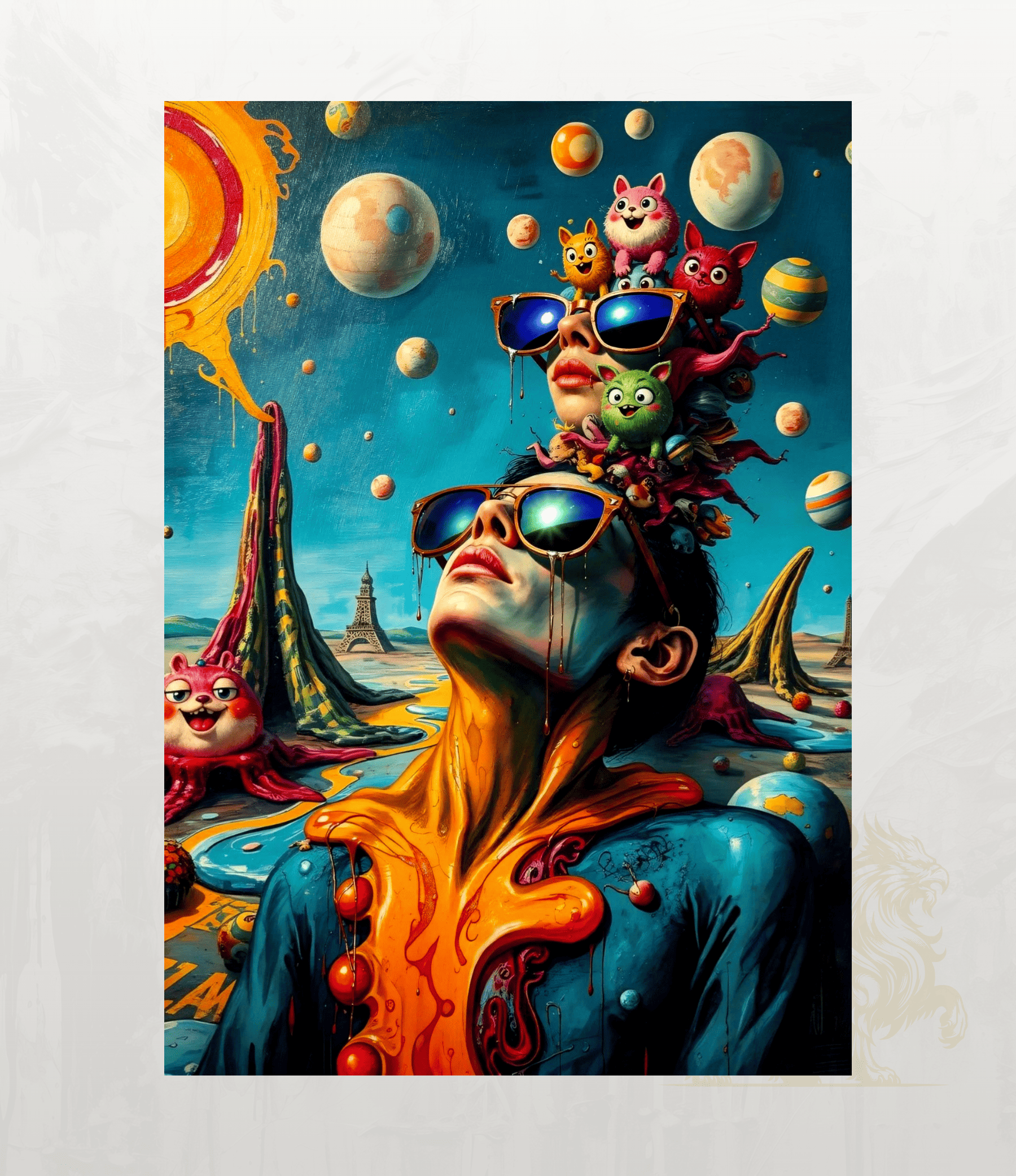A surreal fantasy art print featuring a woman in blue sunglasses with orange liquid flowing from her neck, surrounded by planets, floating creatures, and a bright sun against a teal sky.