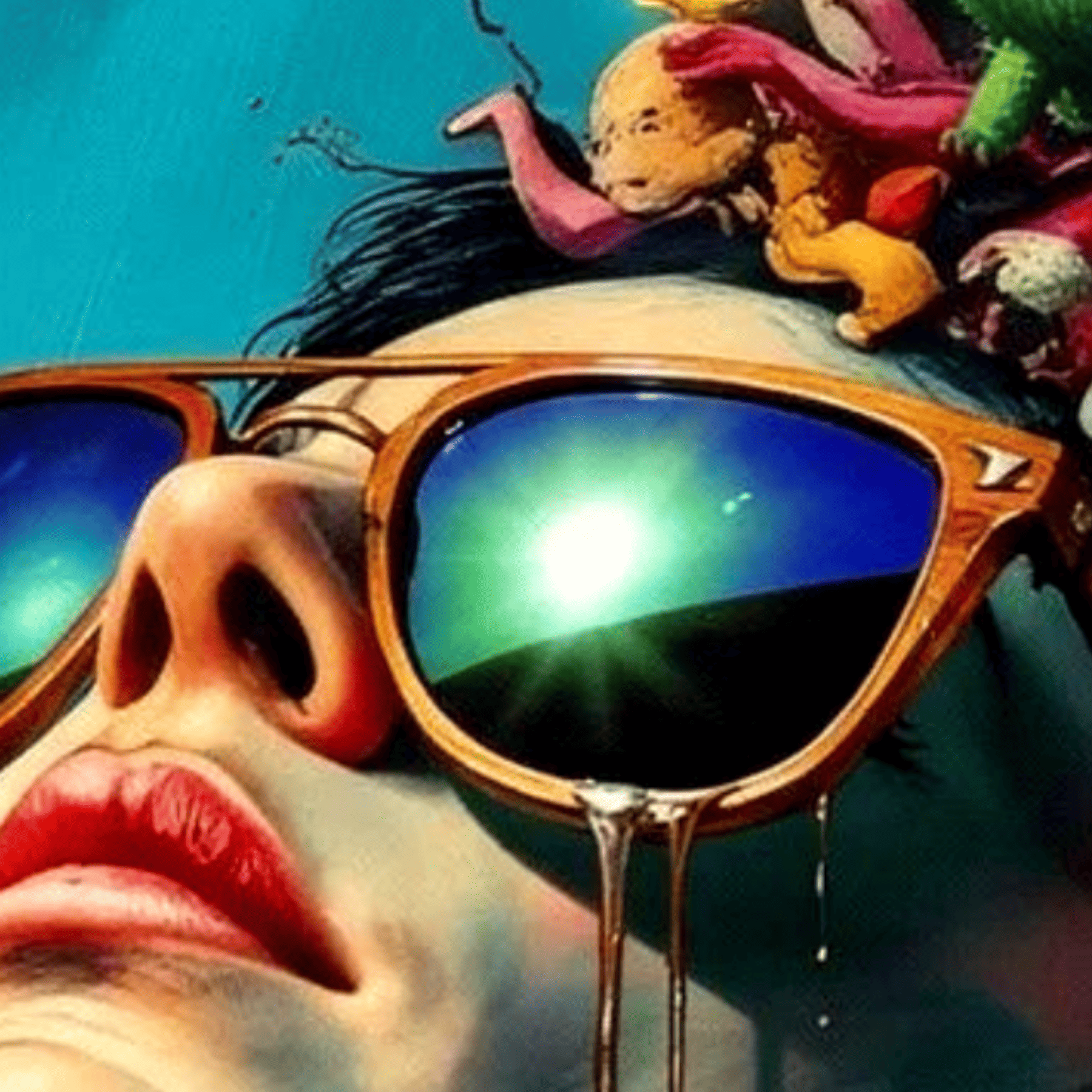 Close-up of a person wearing sunglasses with a colorful background