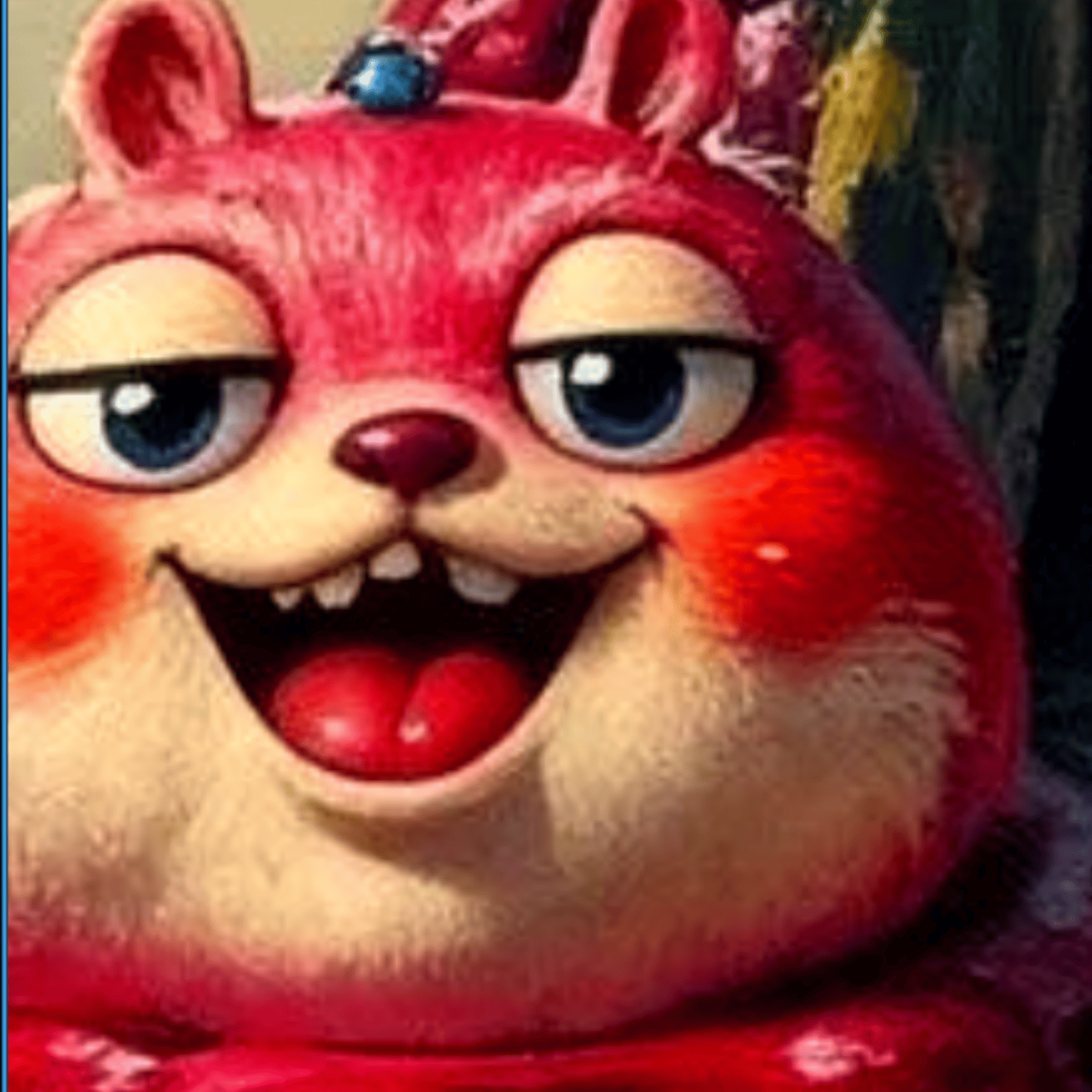 Close-up of a cartoonish red creature with large eyes and a wide mouth.