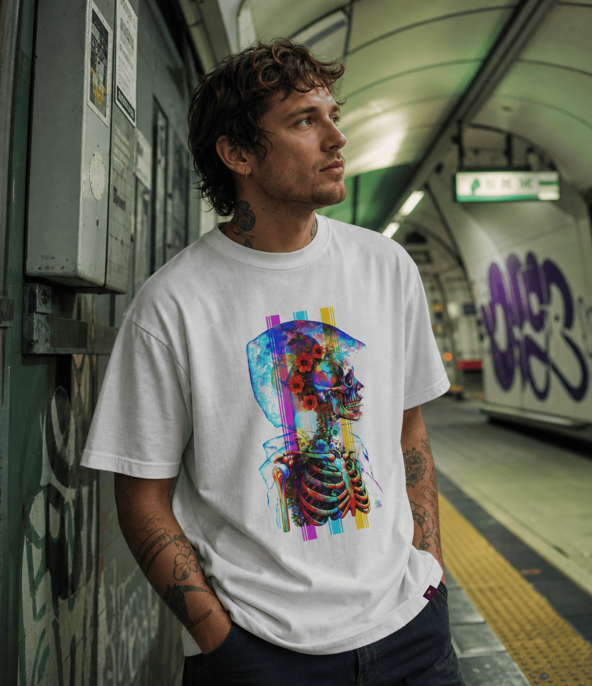 A man wearing a white crewneck t-shirt with a colourful, vibrant graffiti-style skeleton graphic, standing on a subway platform.