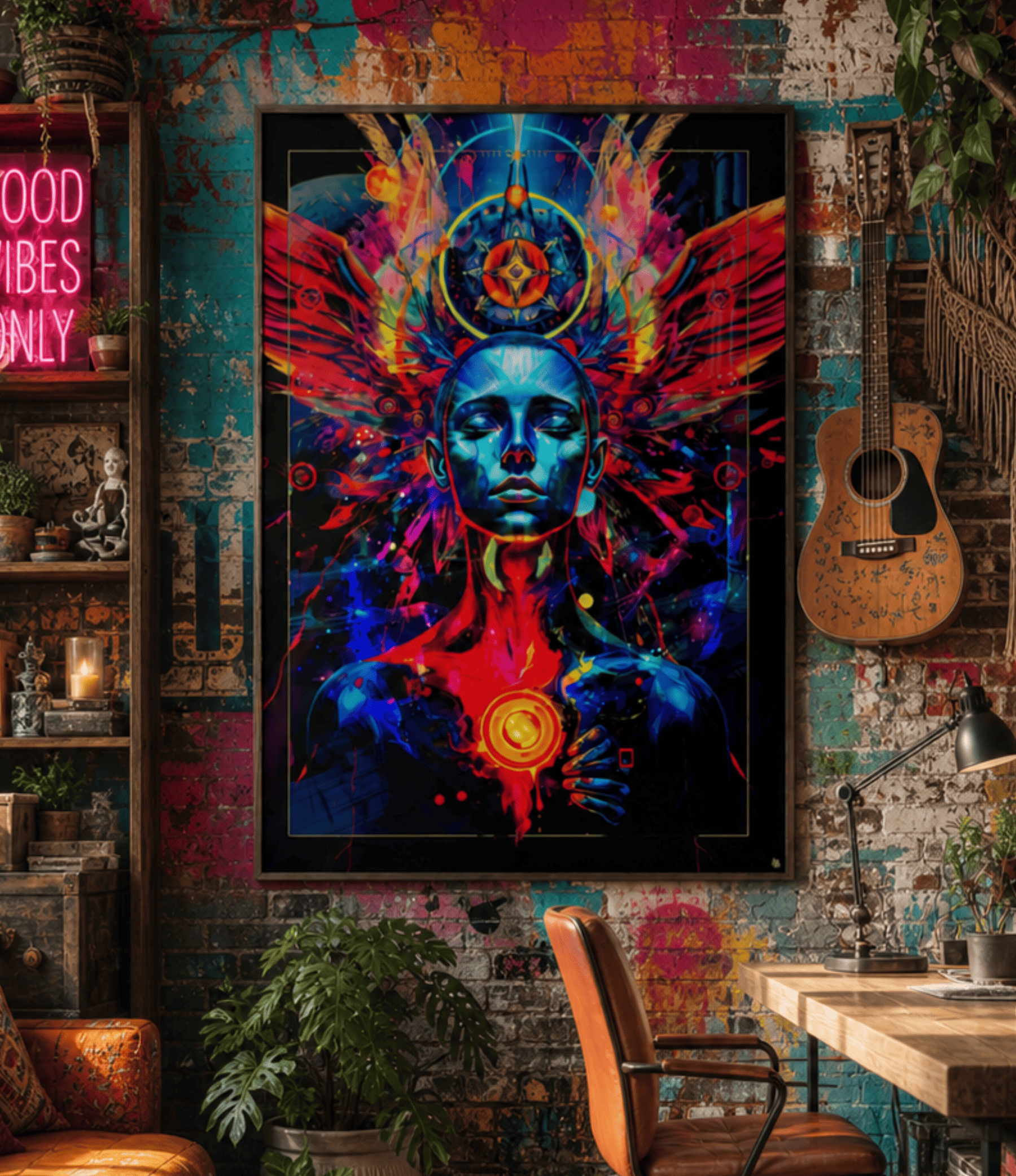A framed wall art print featuring a vivid psychedelic portrait of a blue-headed figure with glowing red, orange, and yellow wings and halo-like details, displayed in a rustic room with a brick wall, guitar, plants, and desk.