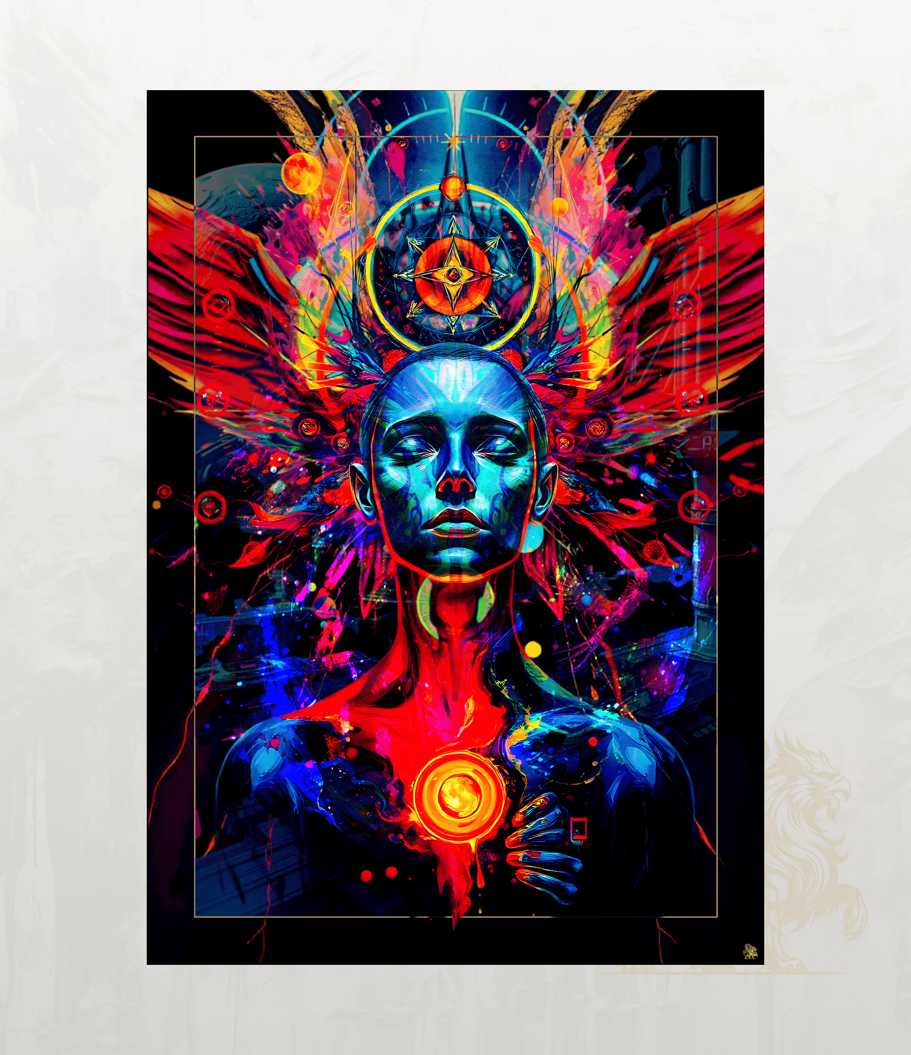 A vertical art print featuring a vibrant, psychedelic digital illustration of a blue-skinned figure with glowing red and orange energy effects, set against a black background and displayed on a light textured wall.