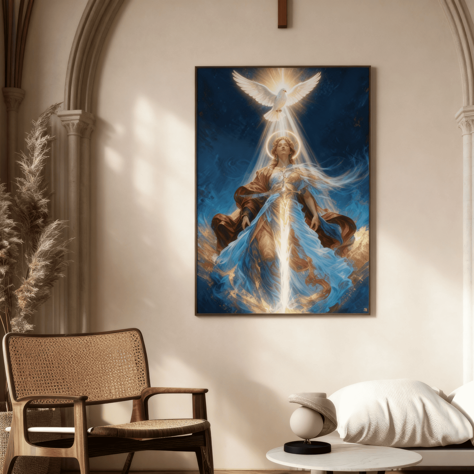 Decorative painting of an angel on a wall in a room with a chair and table.