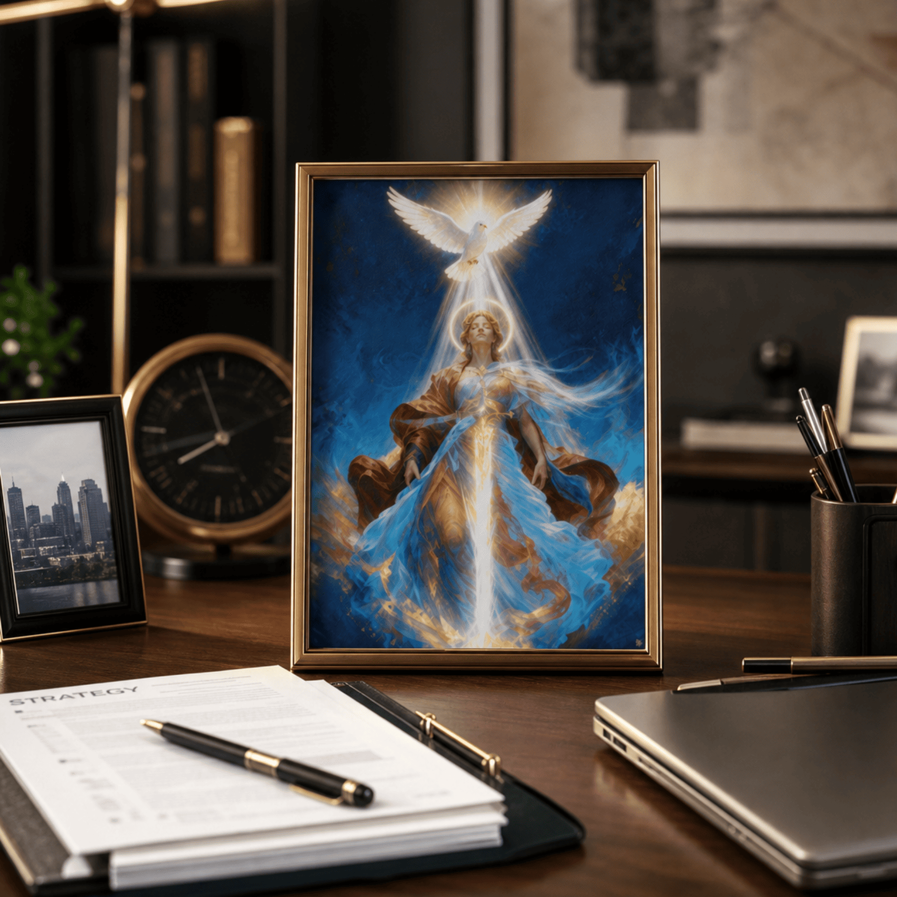 Image of art work in a picture frame on a desk. The picture is showing Mary being visited by the Holy Spirit