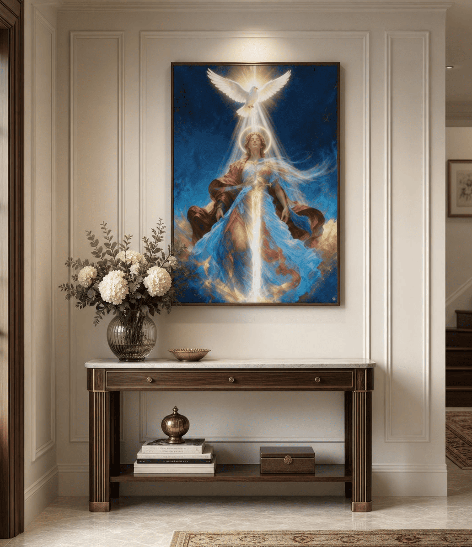 A framed vertical canvas print of an angel painting, featuring a glowing white dove and angel in a blue sky, displayed on a beige wall above a dark wood console table with a vase of flowers.