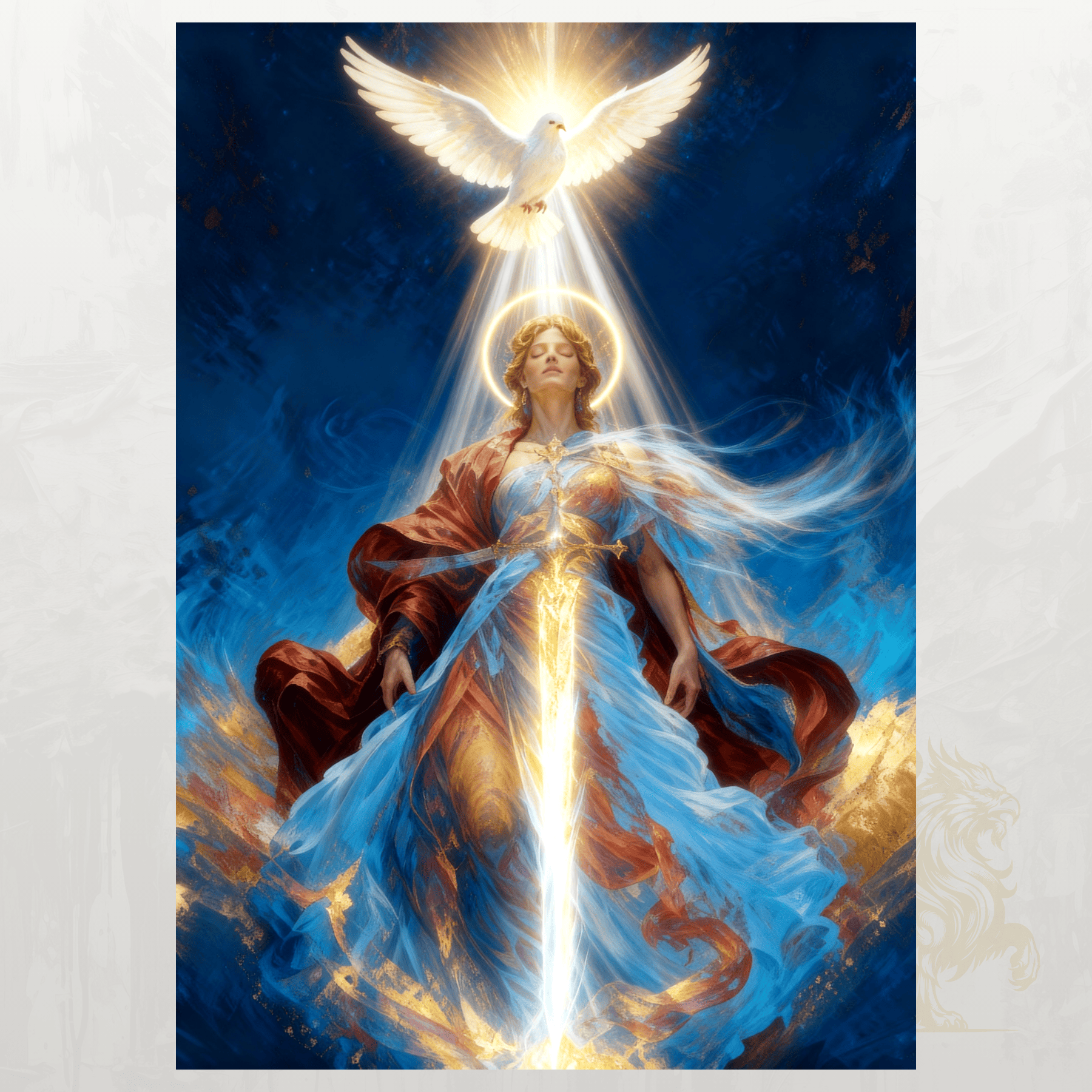 Artistic depiction of a Mary with a dove (Holly Spirit) above her head against a blue background