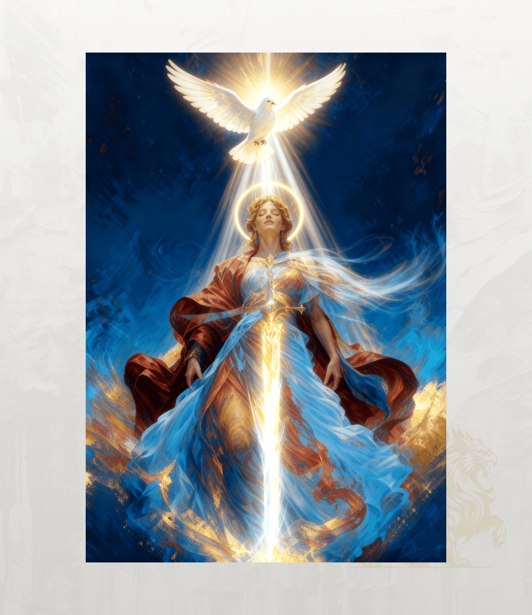 A vertical art print depicting a luminous woman in flowing blue and red garments beneath a glowing white dove, set against a dark blue background with radiant light effects. The print is centred on a light textured off-white backdrop.