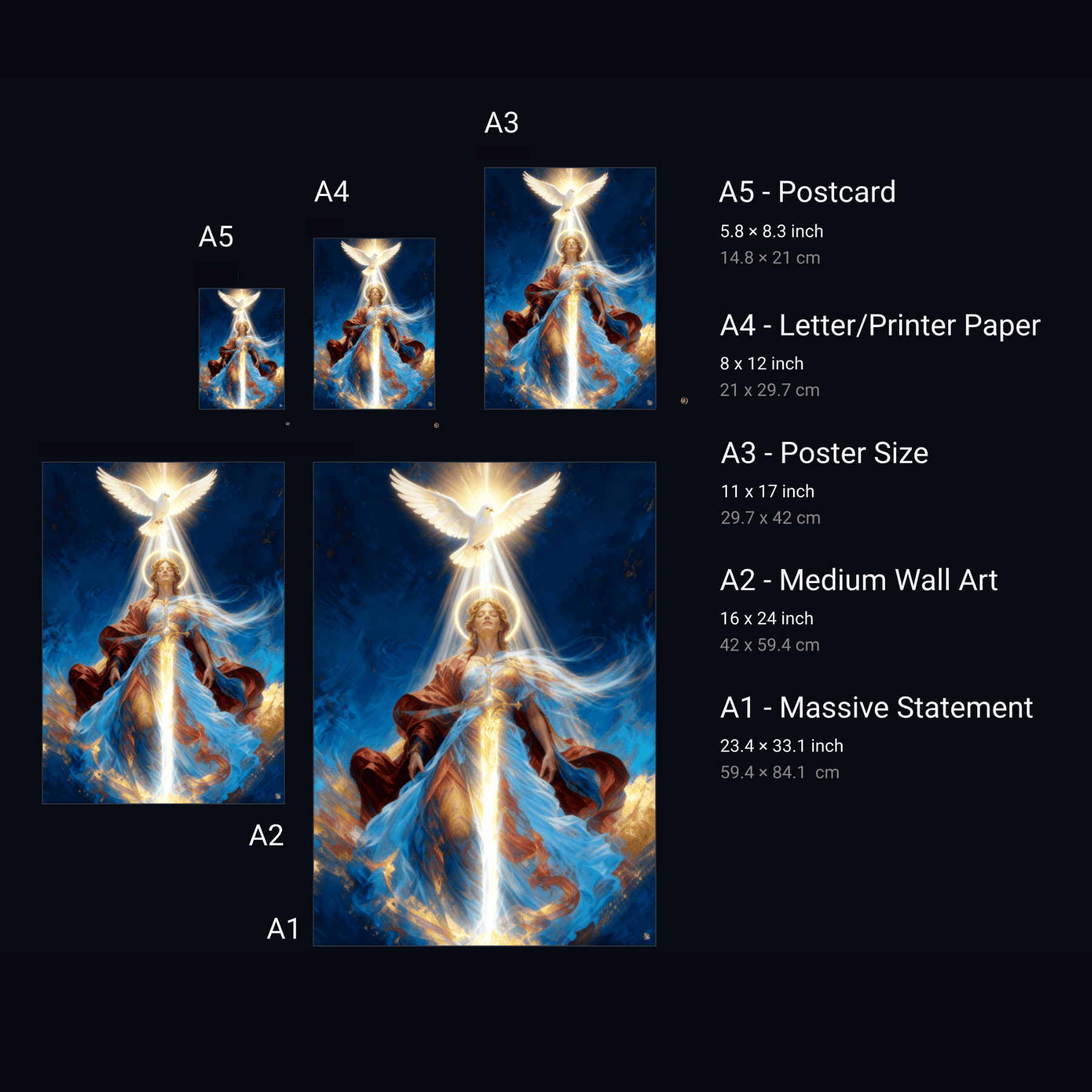 Artistic depiction of a figure with wings and a glowing orb, shown in various sizes on a black background.