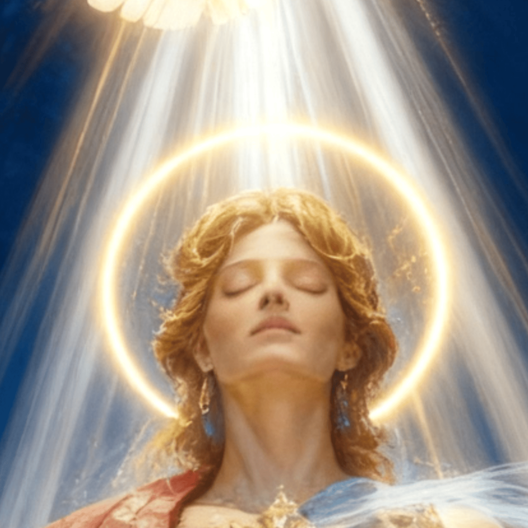 Mary with a halo and radiant light against a blue sky