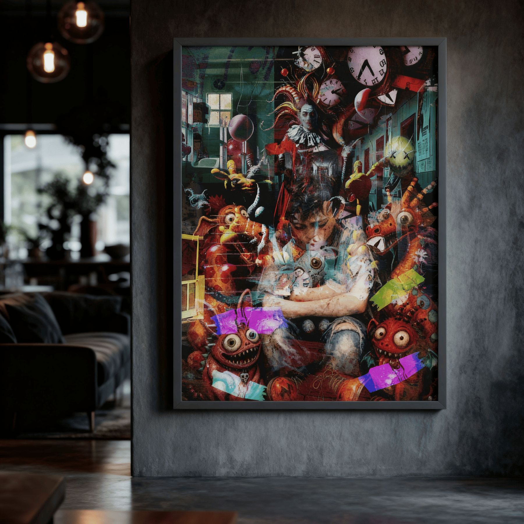 A framed surreal horror art print featuring a seated figure surrounded by floating clocks, monsters, and bright neon accents, displayed on a dark grey wall in a modern interior setting.