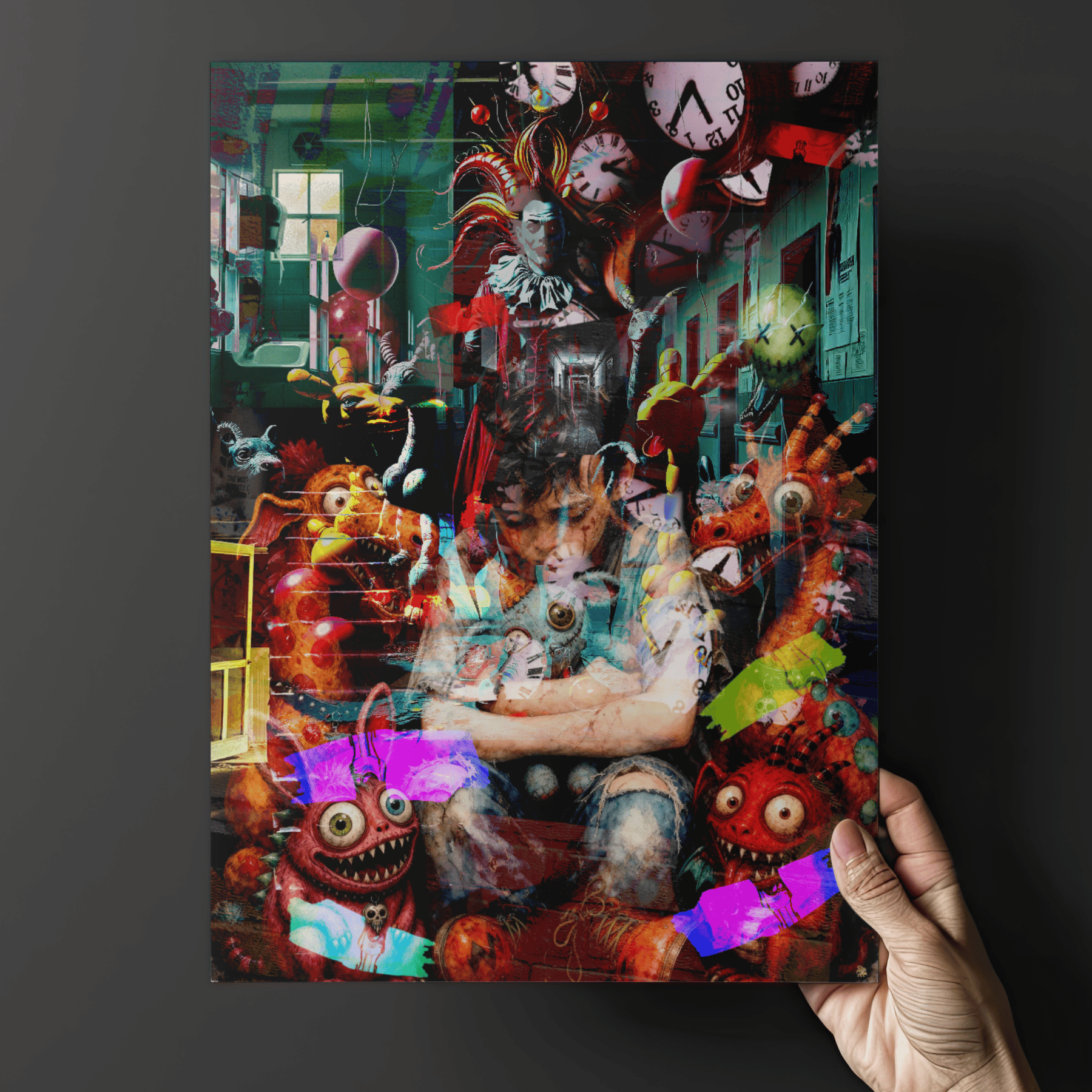 A highly detailed, colourful surreal collage artwork featuring a seated figure surrounded by floating clocks, monsters, paint splatters, and abstract elements, presented as a vertical art print against a light textured background.