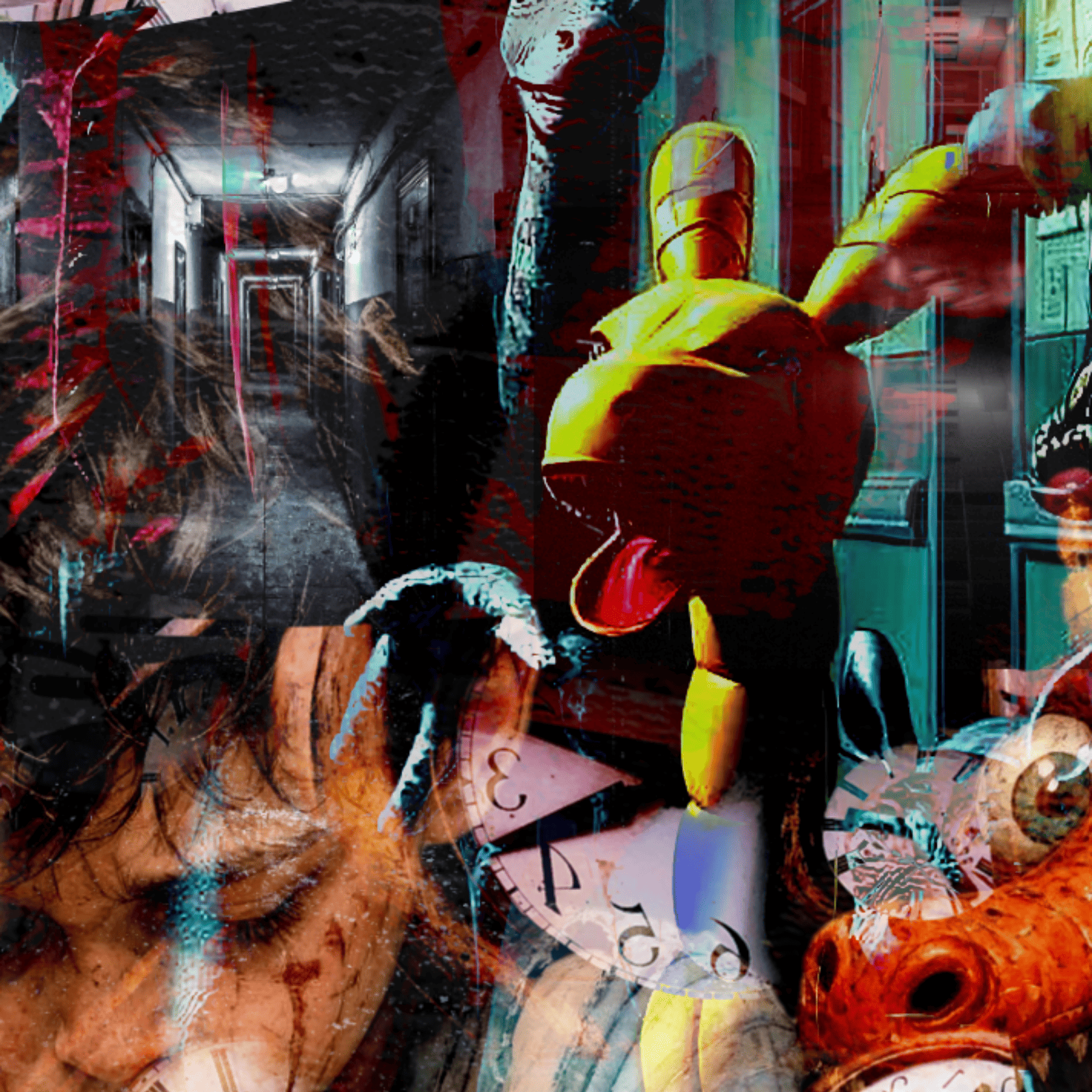 A highly stylized, surreal collage artwork featuring a yellow rabbit-like character in the center, a dark hallway in the background, clock faces, abstract red streaks, and distorted facial features in a layered, painterly digital composition.