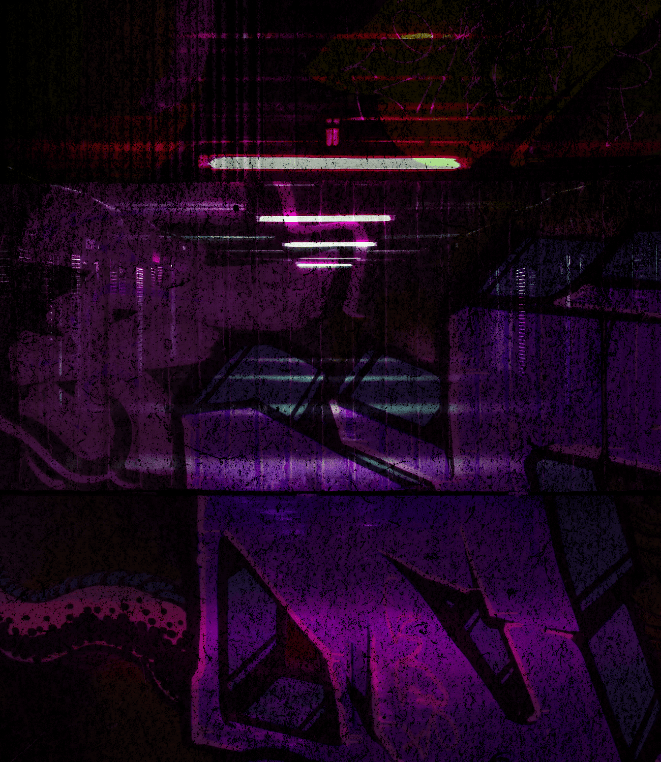 Abstract digital art print featuring a dark, industrial interior with neon purple and pink light tubes, heavy grain, and geometric architectural elements.