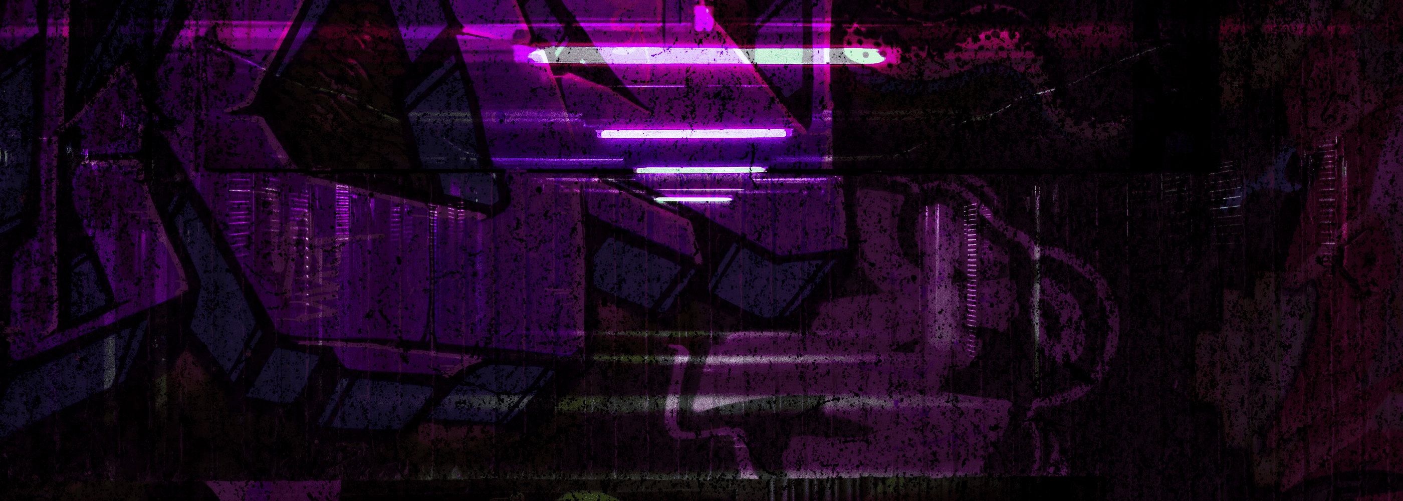 Dark abstract graffiti-style artwork with layered geometric shapes and glowing neon purple horizontal light streaks over a black and deep purple textured background.