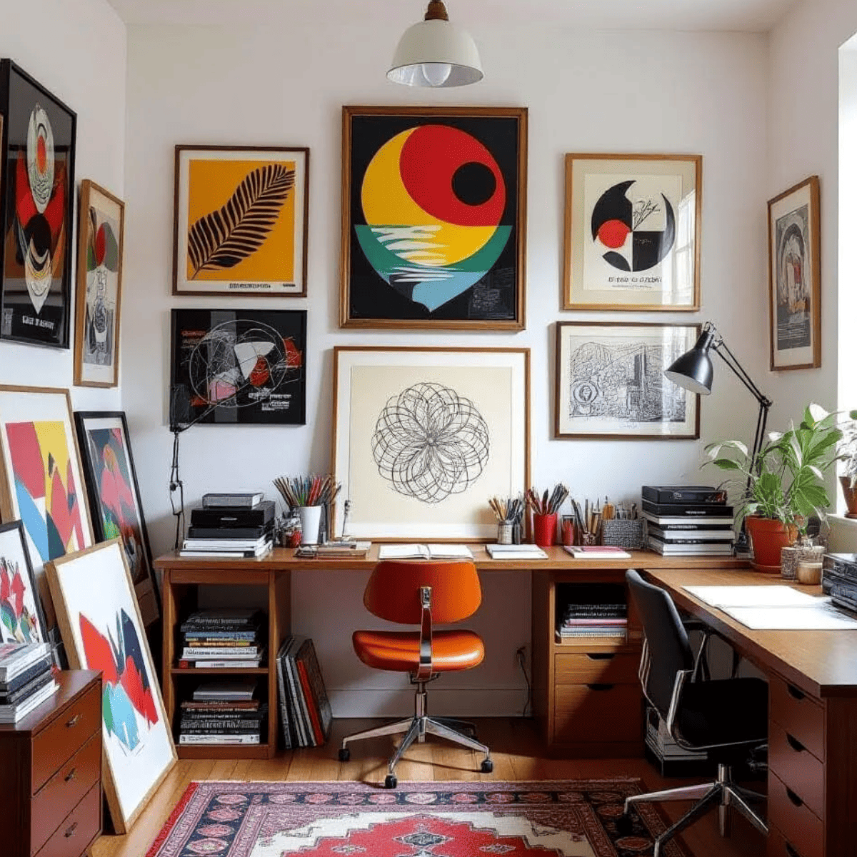 A styled home office interior with multiple framed abstract and geometric art prints displayed on a white wall above a wooden desk. The room includes an orange swivel chair, black office chair, desk accessories, books, plants, and a patterned rug.
