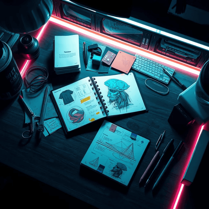 A dark, moody desk setup with neon pink and blue lighting. The desk is styled with an open sketchbook showing a sketch of a skull, a notebook with graphic designs, a keyboard, pens, a small notebook, and other tech accessories.