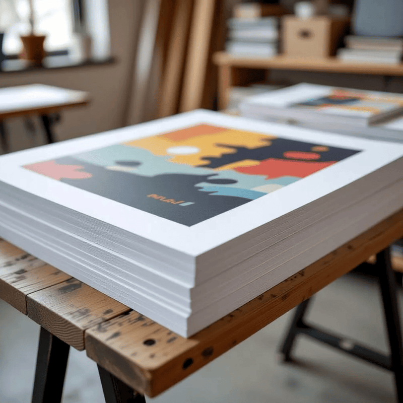 A stack of matted art prints with colourful abstract designs sits on a rustic wooden table in a softly blurred studio or workshop setting.