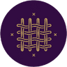 A circular purple graphic featuring a stylized woven basketweave design in gold, surrounded by small gold stars.