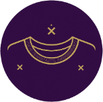 A circular purple graphic with a gold line drawing of a curved collar or neckline and small decorative marks, shown on a light grey background.