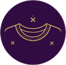 A circular purple graphic with a gold line drawing of a curved collar or neckline and small decorative marks, shown on a light grey background.
