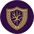 A circular purple emblem featuring a gold shield with a tree motif and laurel branches, cantered on a light grey background.