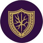 A circular purple emblem featuring a gold shield with a tree motif and laurel branches, cantered on a light grey background.