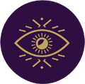 A circular purple emblem featuring a stylized gold eye with radiating lines, cantered on a white background.