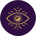A circular purple emblem featuring a stylized gold eye with radiating lines, cantered on a white background.