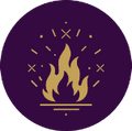 A circular purple graphic with a stylized gold flame icon and small decorative marks, shown on a light grey background.