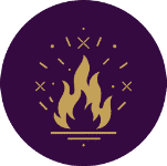 A circular purple graphic with a stylized gold flame icon and small decorative marks, shown on a light grey background.