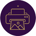 A circular purple icon with a gold outline printer and photo print symbol, likely representing a print or photo service.