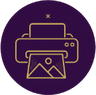 A circular purple icon with a gold outline printer and photo print symbol, likely representing a print or photo service.