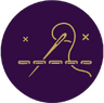 A circular purple emblem with a stylized gold outline of a sewing needle and thread, plus small 'X' marks, on a white background.