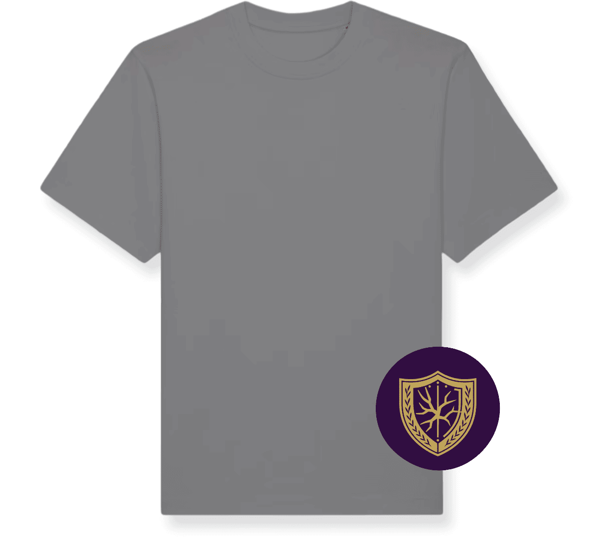 A flat lay of a grey short-sleeve t-shirt on a solid green background, featuring a circular purple and gold shield emblem overlay on the lower right side of the shirt.