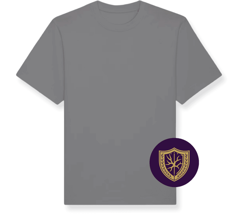 A flat lay of a grey short-sleeve t-shirt on a solid green background, featuring a circular purple and gold shield emblem overlay on the lower right side of the shirt.