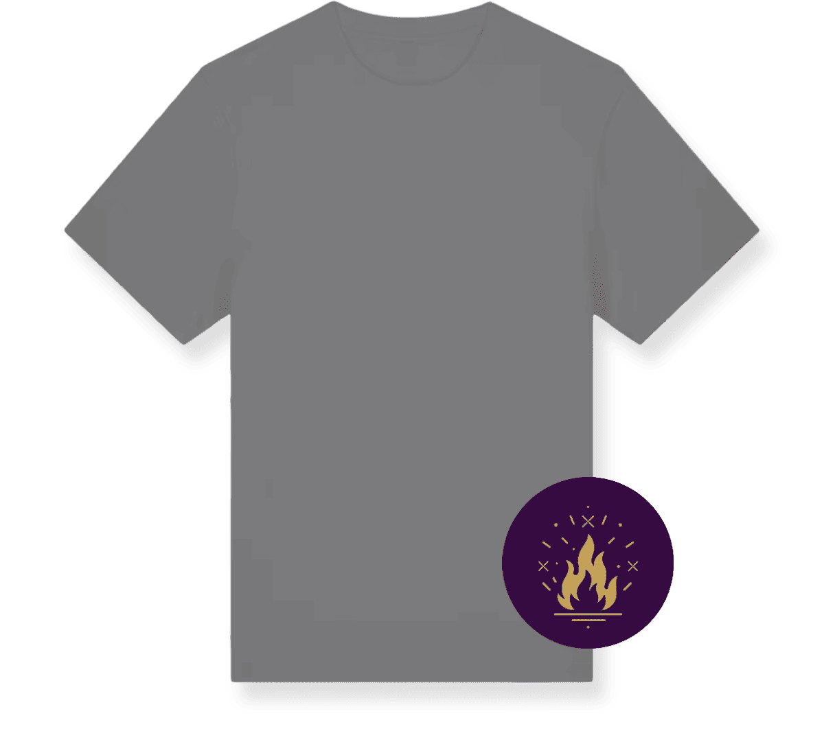 A flat digital mock-up of a short-sleeve crewneck t-shirt in grey, featuring a dark grey sleeve panel and a circular purple graphic on the lower right front with a yellow flame design.