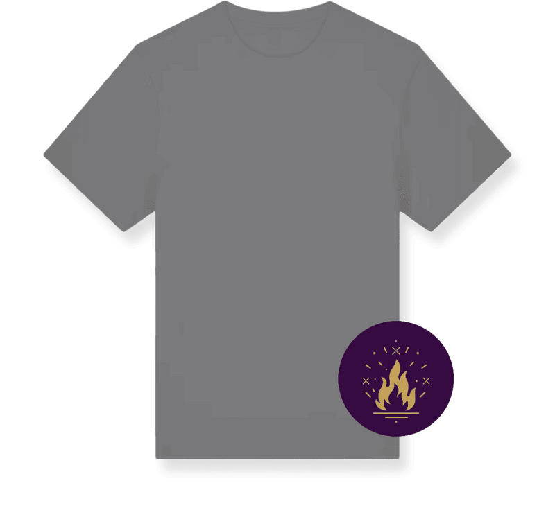 A flat digital mock-up of a short-sleeve crewneck t-shirt in grey, featuring a dark grey sleeve panel and a circular purple graphic on the lower right front with a yellow flame design.