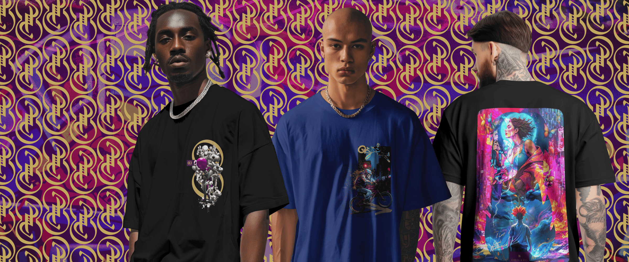 Three people wearing t-shirts with colorful designs against a vibrant, patterned background.