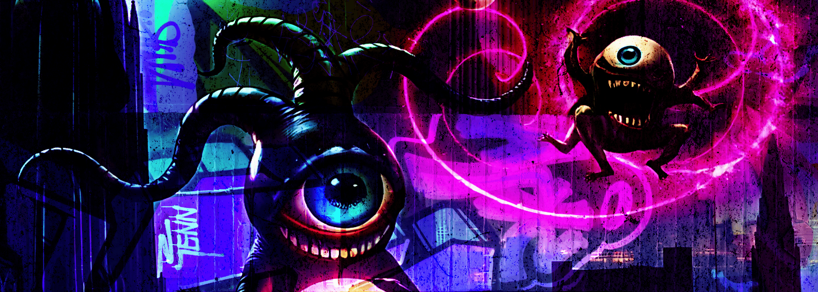 Two alien-like creatures with large eyes and tentacle-like appendages in a futuristic cityscape with neon lights.