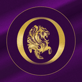 Orivaro logo - Gold Griffin emblem on a purple fabric background
