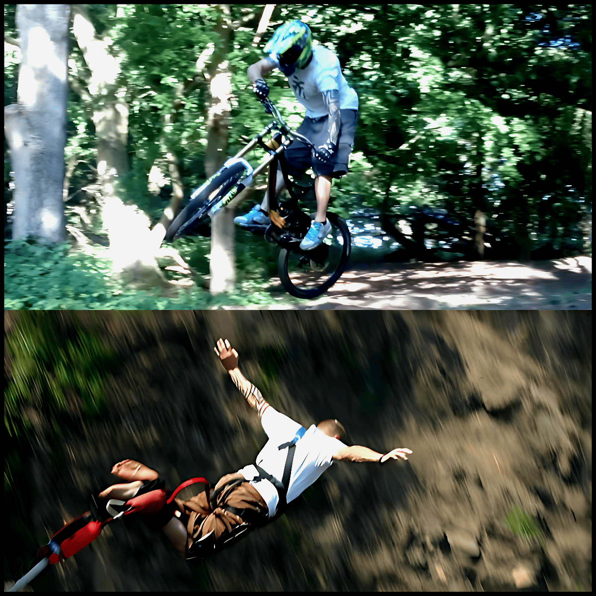 Biker performing a stunt in a forest, followed by a fall.
