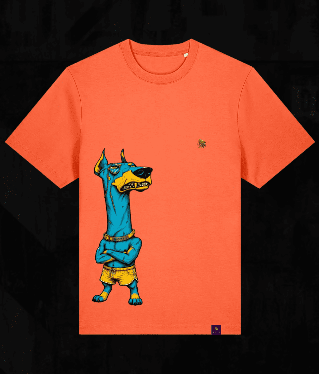 An orange short-sleeve crewneck t-shirt featuring a graphic print of an anthropomorphic blue dog wearing yellow shorts, standing with arms crossed. The shirt is displayed flat against a dark, textured background.